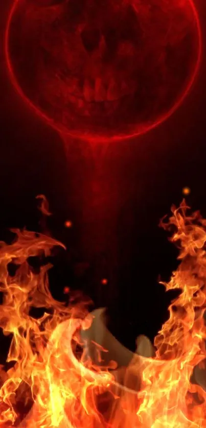 Fiery skull with flames on a dark background for mobile wallpaper.