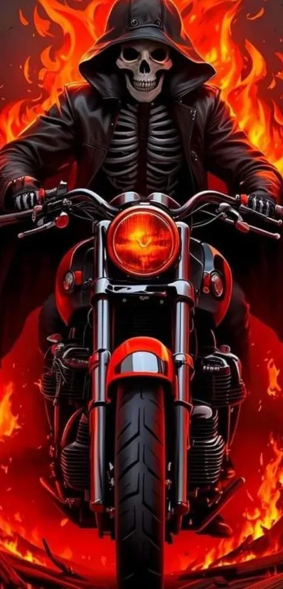 Skeleton rider on a motorcycle with fiery flames in the background wallpaper.