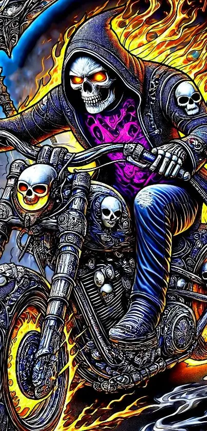 Fiery skeleton riding a motorcycle.