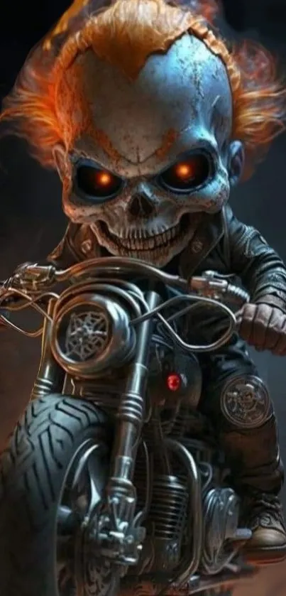 Skull with fiery hair rides a motorcycle in a dynamic wallpaper design.