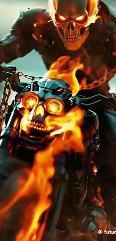 Fiery skull motorcycle with flames engulfing the bike, creating an intense scene.
