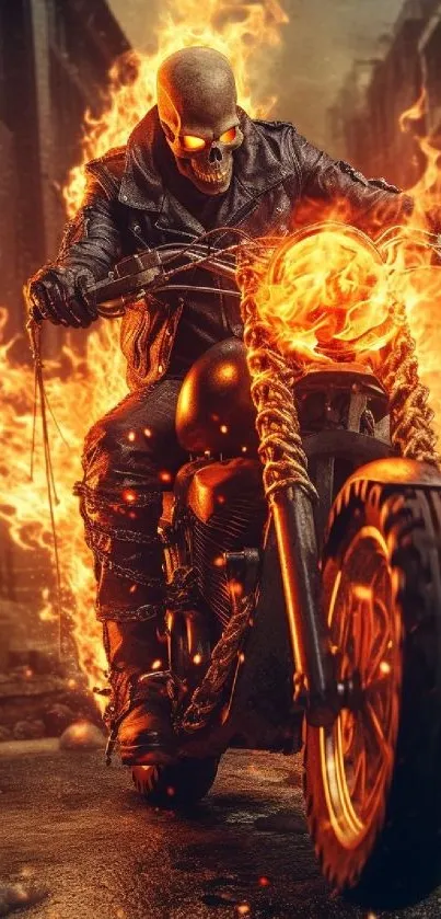 Fiery skull rider on a motorcycle, engulfed in flames on a dark street.