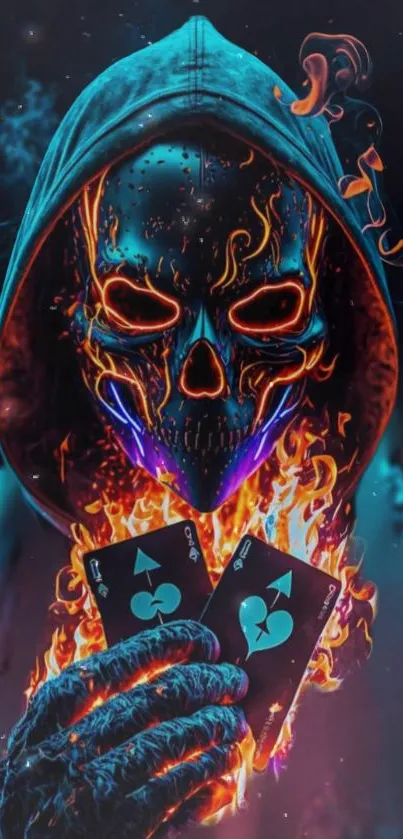 Fiery skull with neon accents on mobile wallpaper.