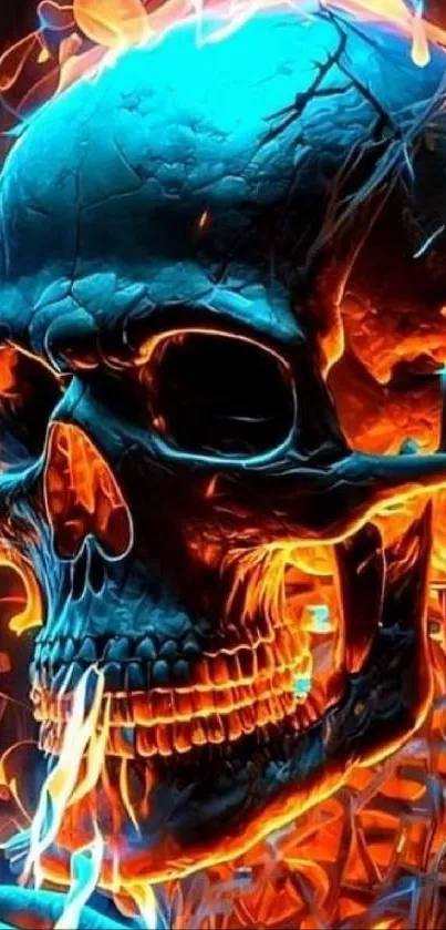 Neon fiery skull with blue highlights wallpaper.