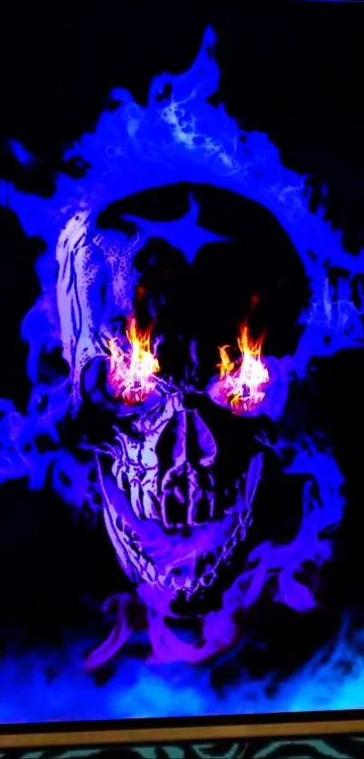 Neon blue skull with fiery eyes and blue flames, perfect for bold mobile wallpaper.