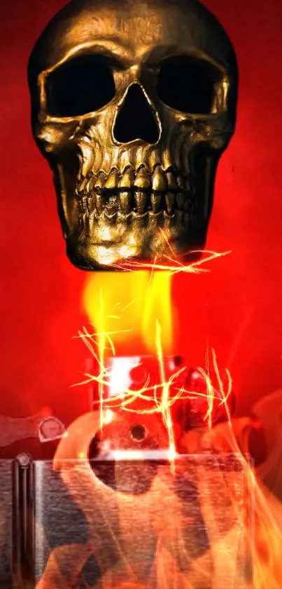 Fiery skull with flames on a vivid red background, creating a dramatic visual.