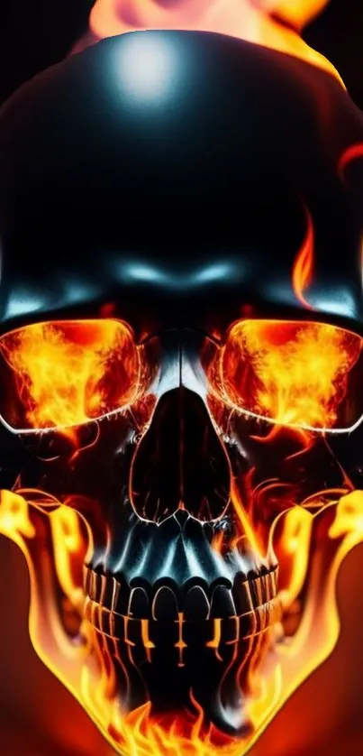 Fiery skull with vibrant flames on a dark background, mobile wallpaper.