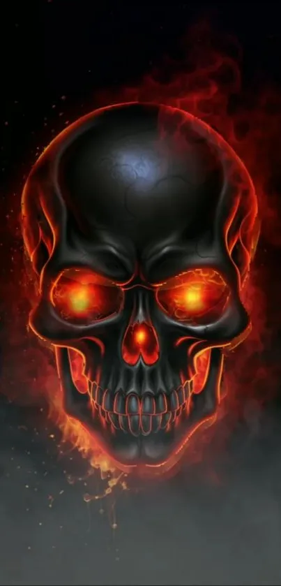 A fiery skull with glowing red eyes on a dark background.