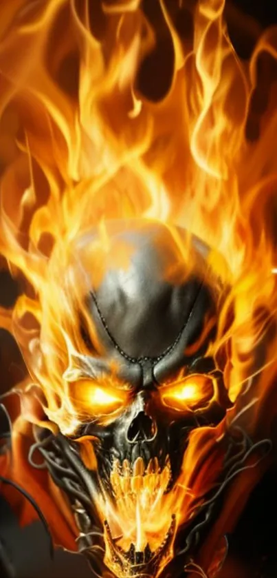 Fiery skull with intense flames on a dark background for mobile wallpaper.