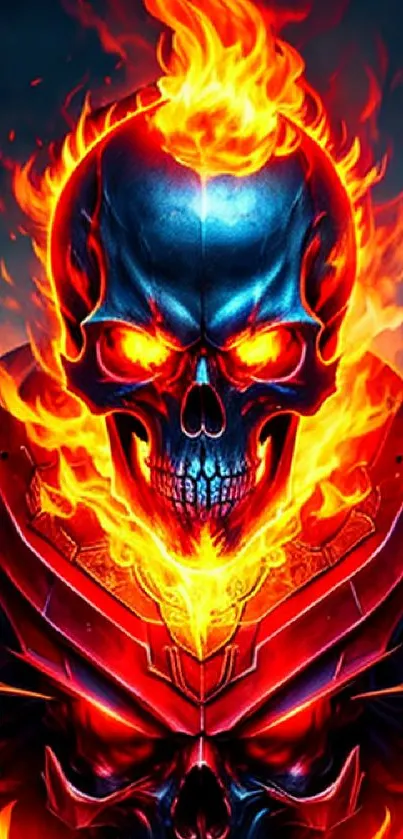 Fiery skull artwork with blazing flames on a dynamic phone wallpaper.