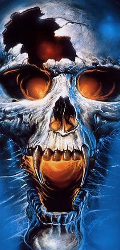 Fiery blue skull with orange eyes on a digital wallpaper.