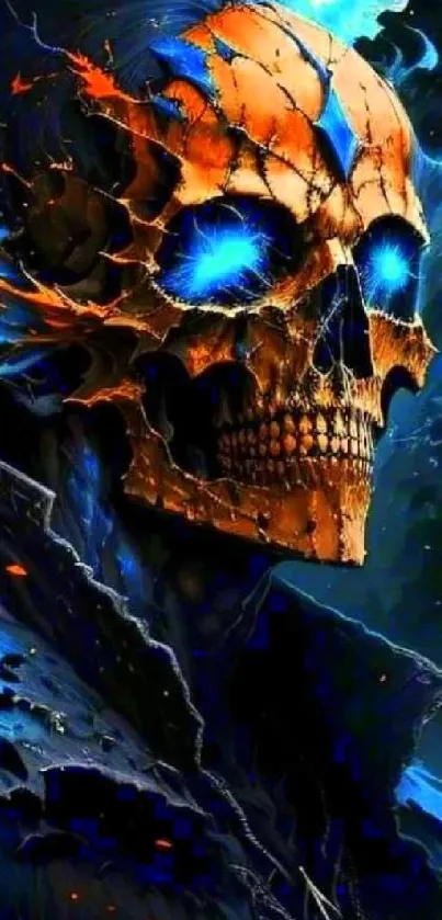 Artistic fiery skull with vibrant blue and orange hues.