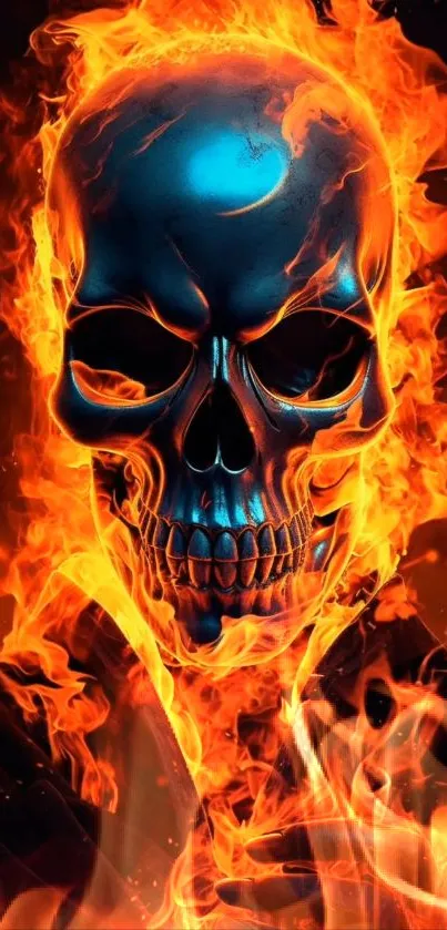 Fiery skull with vibrant blue and orange flames on a mobile wallpaper.