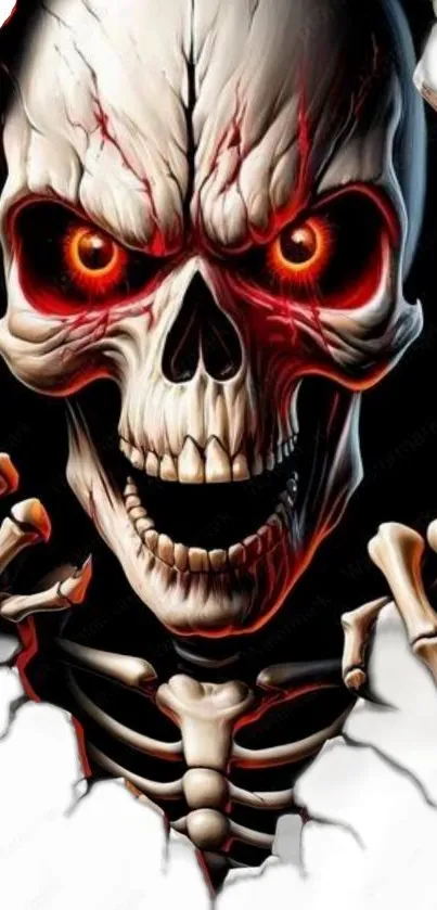 Fiery skull with glowing eyes on cracked background wallpaper.