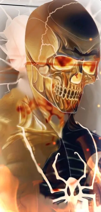 Skeletal figure in flames, fiery wallpaper design.