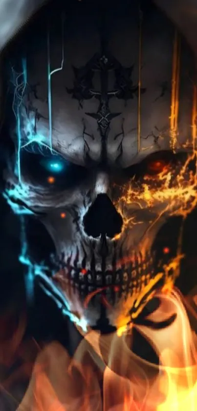 Fiery skull with flames mobile wallpaper featuring dark aesthetics.