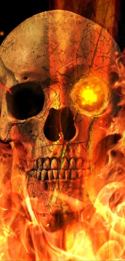 Fiery skull on a mobile wallpaper with intense orange flames.