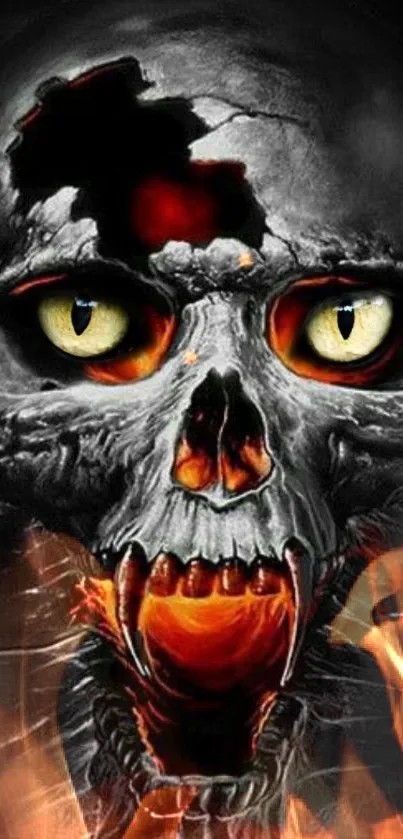 Fiery skull with glowing eyes and flames mobile wallpaper.