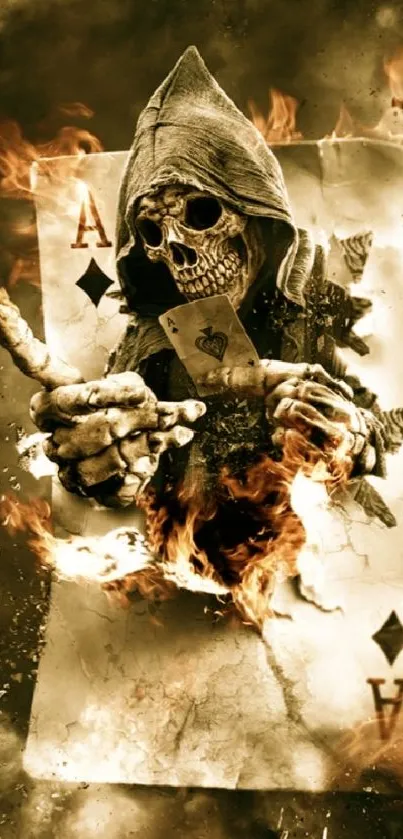 Skull emerging from a fiery ace of diamonds playing card in sepia tones.