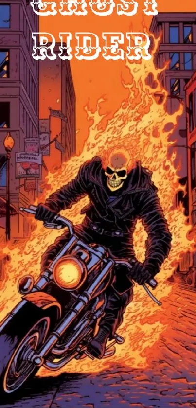 Fiery skeleton on a motorcycle in urban street art wallpaper.