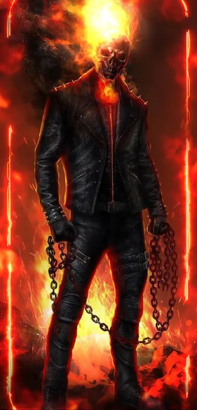 Fiery skull rider with flames and chains on a dark background.