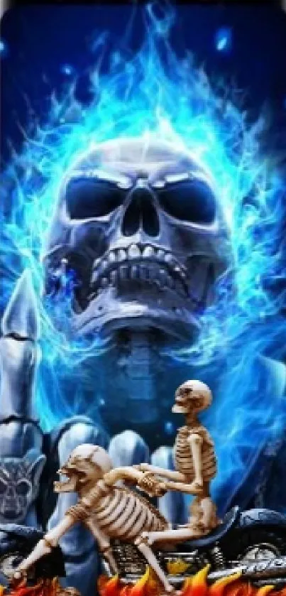 Fiery blue skull and skeleton biker mobile wallpaper.