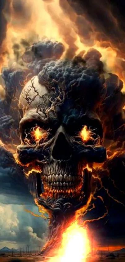 Fiery skull amidst dark storm clouds wallpaper.