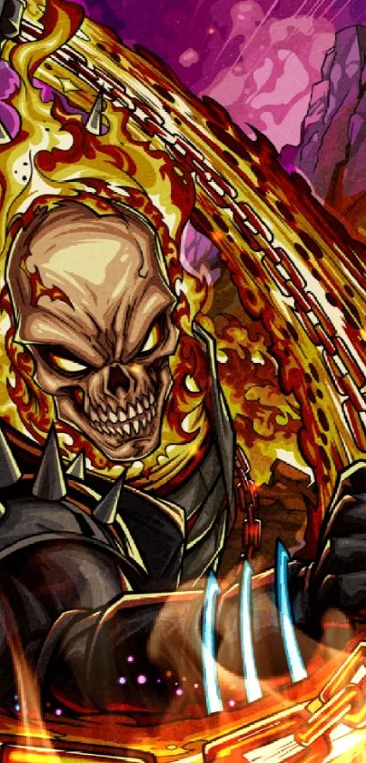 Superhero with fiery skull and burning chain in vivid comic style.