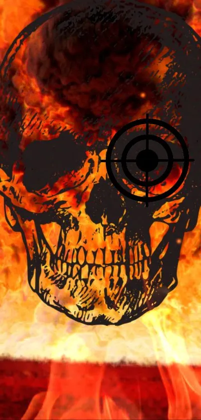 Fiery skull with target symbol in flames.