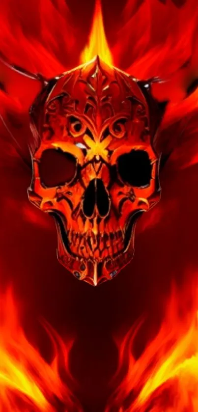 Fiery skull with red and orange flames, perfect for a vivid mobile wallpaper.