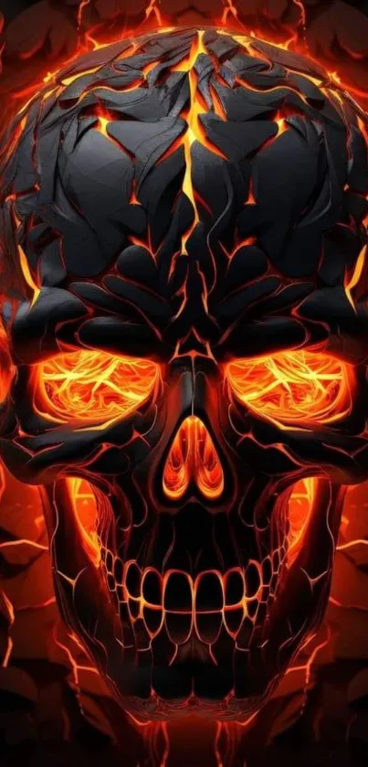 Dark artistic skull with glowing orange lava accents on a fiery background.