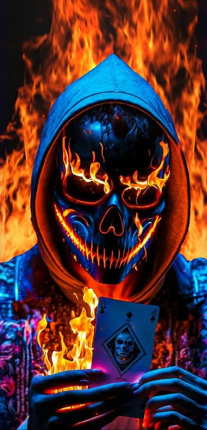 Fiery skull figure in flames holding a card.