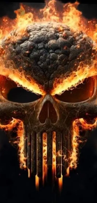 Fiery skull with flames on a dark background, perfect for phone wallpaper.