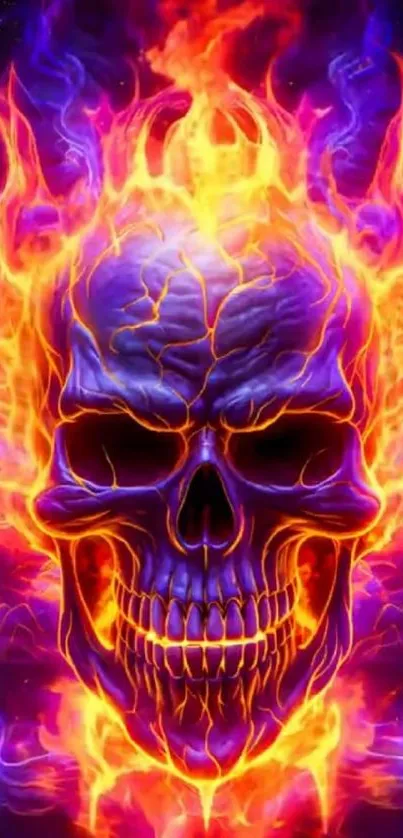 Fiery skull with vibrant purple and orange flames on a mobile wallpaper.