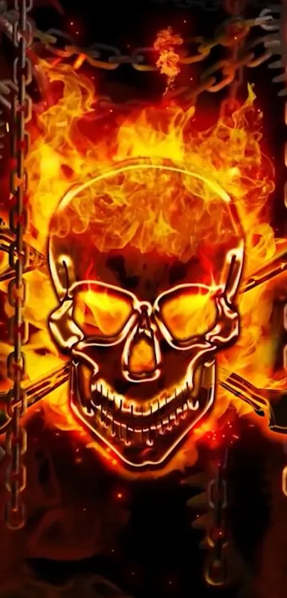 Fiery skull with chains and gears on a dynamic wallpaper design.