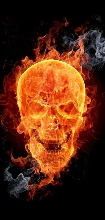 Fiery skull with flames on dark background in digital art wallpaper.