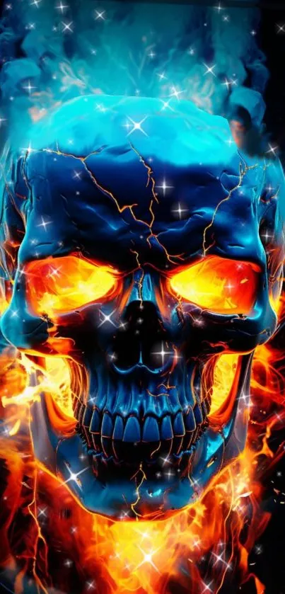 Vivid skull with bright blue and fiery orange flames, perfect for mobile wallpaper.