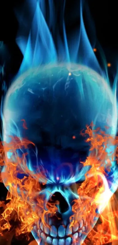 Blue flaming skull with orange fire art design for mobile wallpaper.