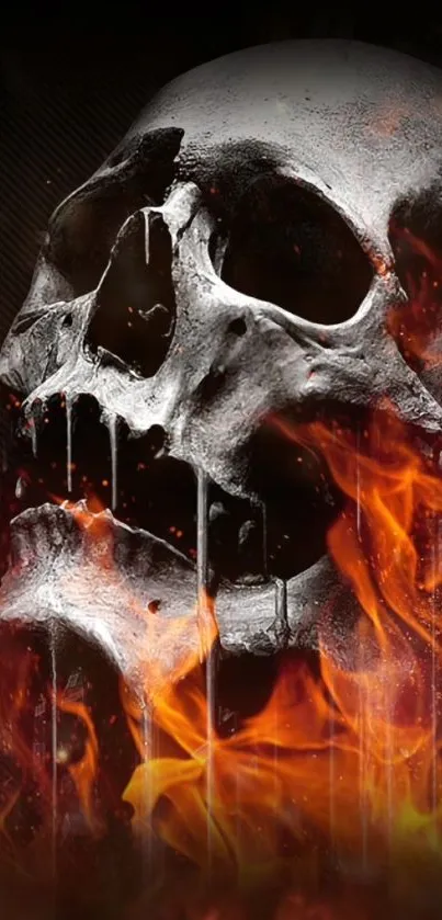 Fiery skull in flames with dark backdrop.