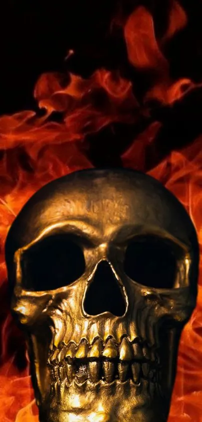 Golden skull with fiery flames background.