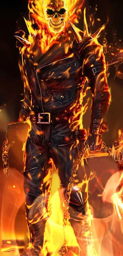 Fiery skull warrior in flames wallpaper, perfect for phone background design.