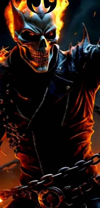 Fiery skull warrior in dark setting wallpaper.