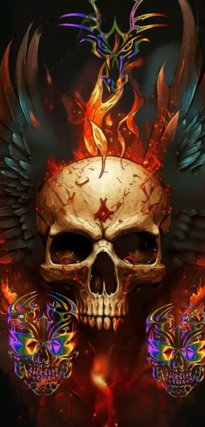 Fiery skull with wings and vibrant flames in artistic mobile wallpaper.