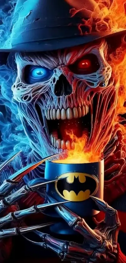 Fiery skull holding a Batman mug with blue and red flames.