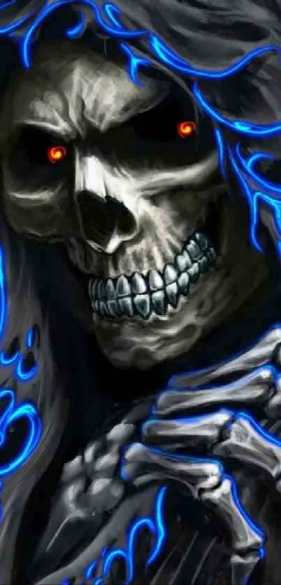 Skull with glowing red eyes and vivid blue flames as mobile wallpaper.