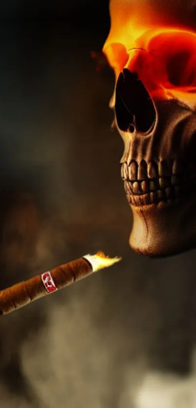 Fiery skull with a burning cigar and smoky background wallpaper.