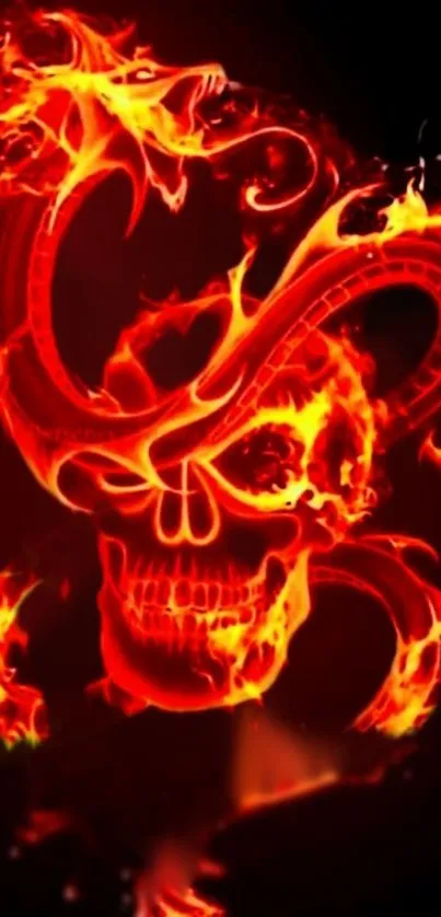 Fiery skull with dragon in vibrant red flames.