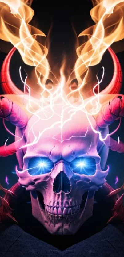 Fiery skull with glowing blue eyes and flaming horns.