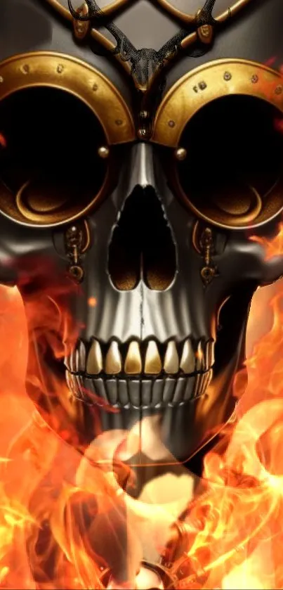 Metallic skull with goggles amidst flames on a mobile wallpaper.