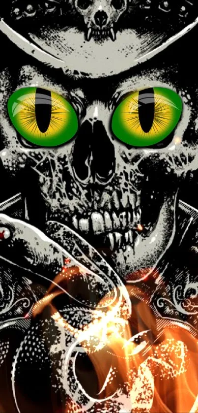 Gothic skull wallpaper with green eyes and fiery accents.